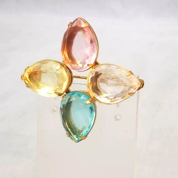 Avon Jewelry - Signed Avon Pastel Multi Color Prong Set Teardrop Crystal Gold Tone Pin Brooch